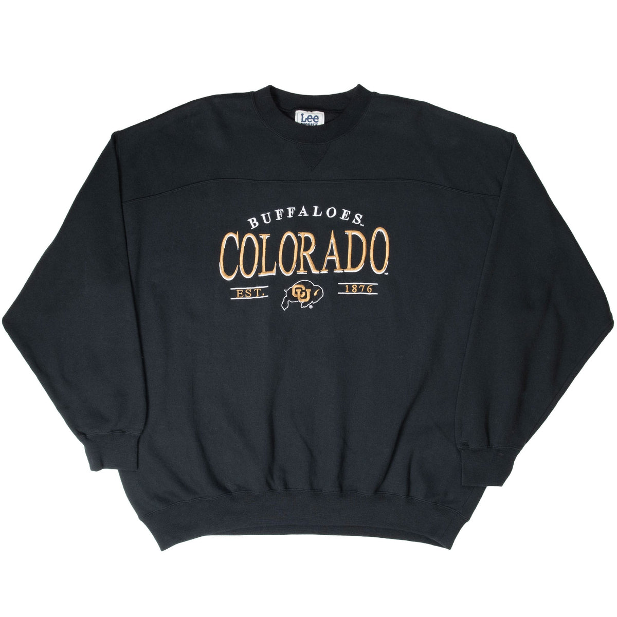 Full front view of black Colorado Buffaloes embroidered crewneck sweatshirt