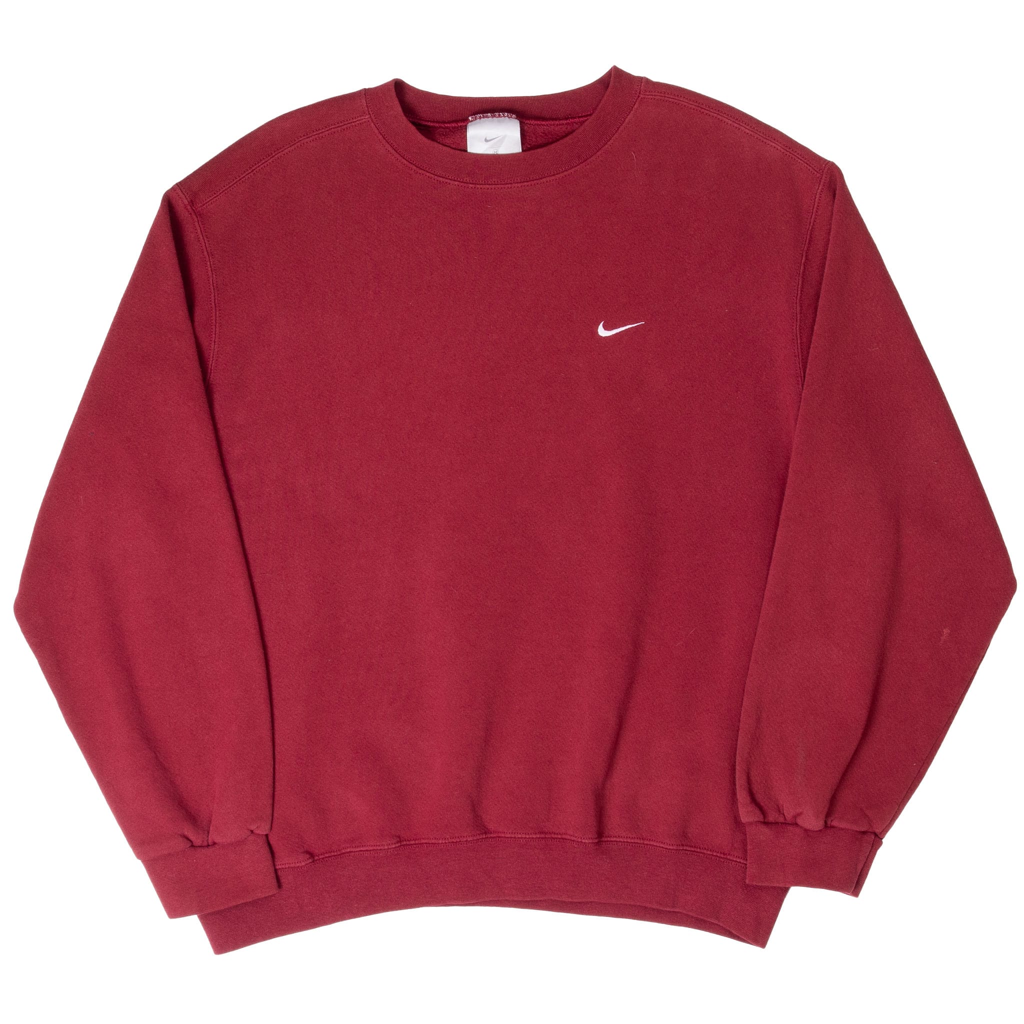 Full front view of burgundy Nike crewneck sweatshirt with white Swoosh embroidery