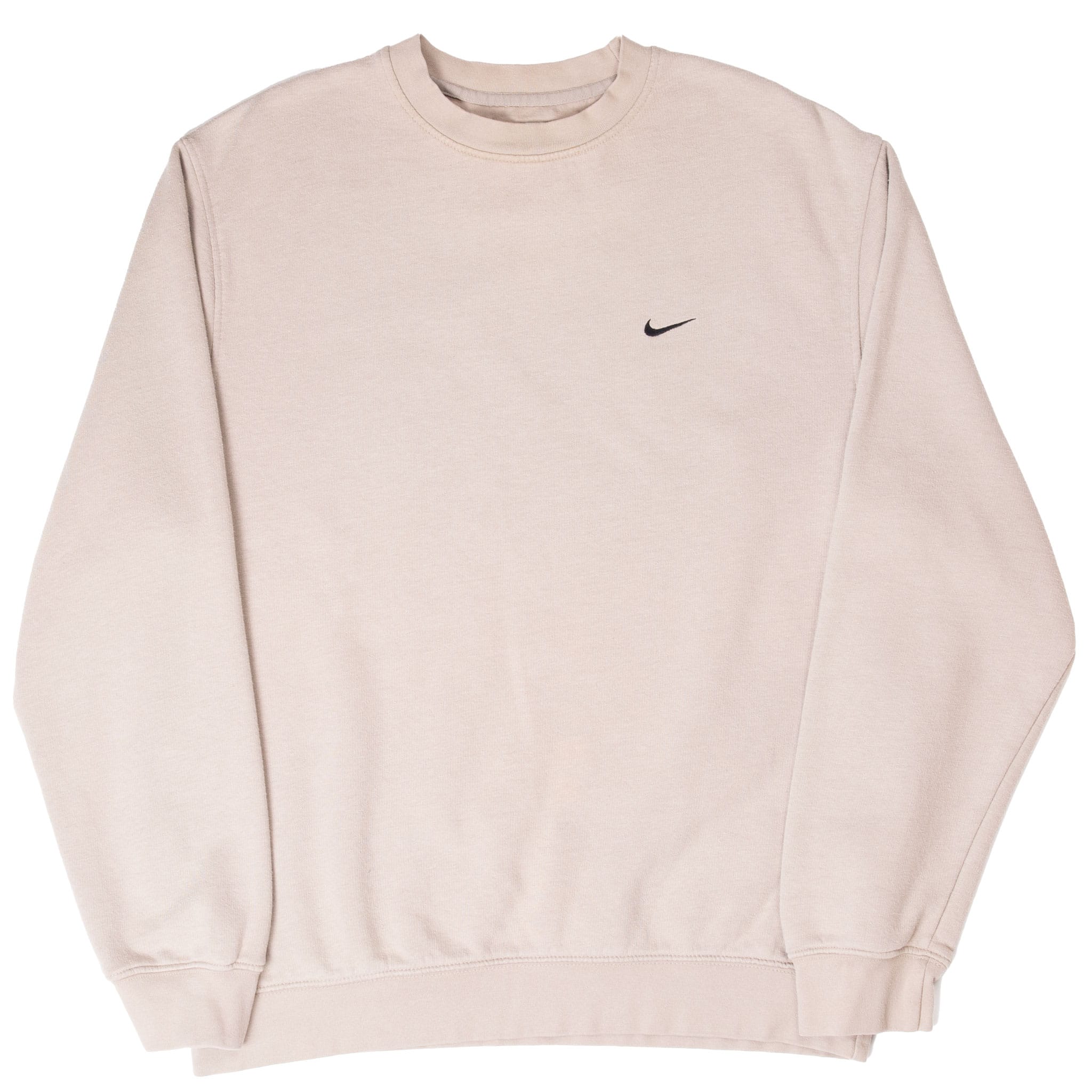 Full front view of beige Nike sweatshirt with ribbed cuffs and hem
