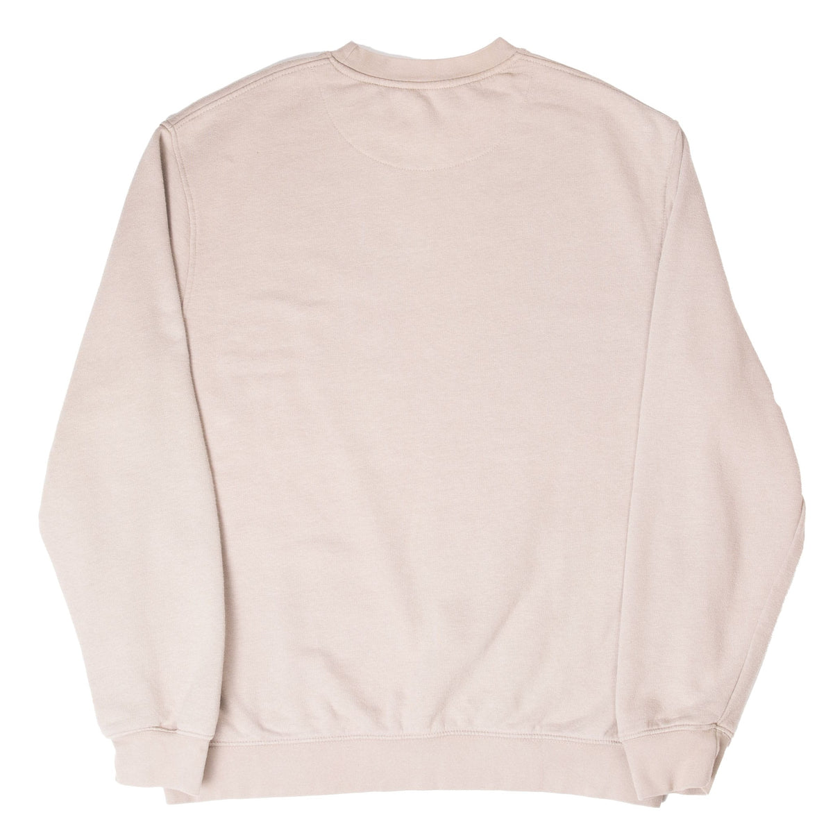Back of beige Nike crewneck sweatshirt with ribbed cuffs and hem