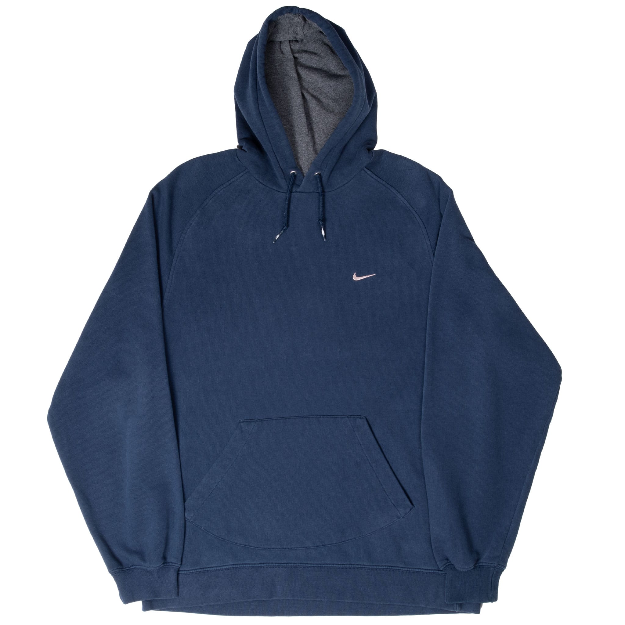 Full front view of navy blue Nike hoodie with drawstring hood, raglan sleeves, and Swoosh