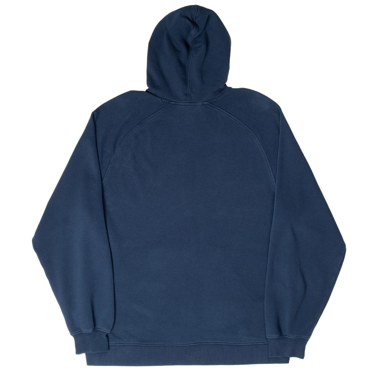 Back of navy blue Nike pullover hoodie showing raglan sleeve seams and ribbed hem