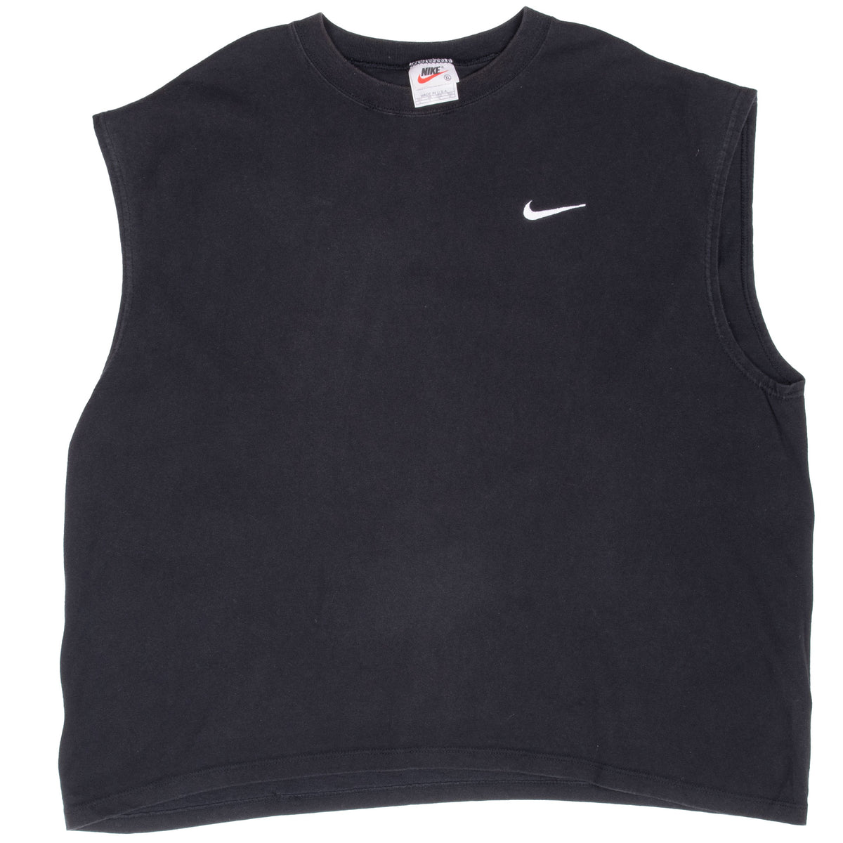 Full front of black Nike sleeveless T-shirt with small white Swoosh on left chest