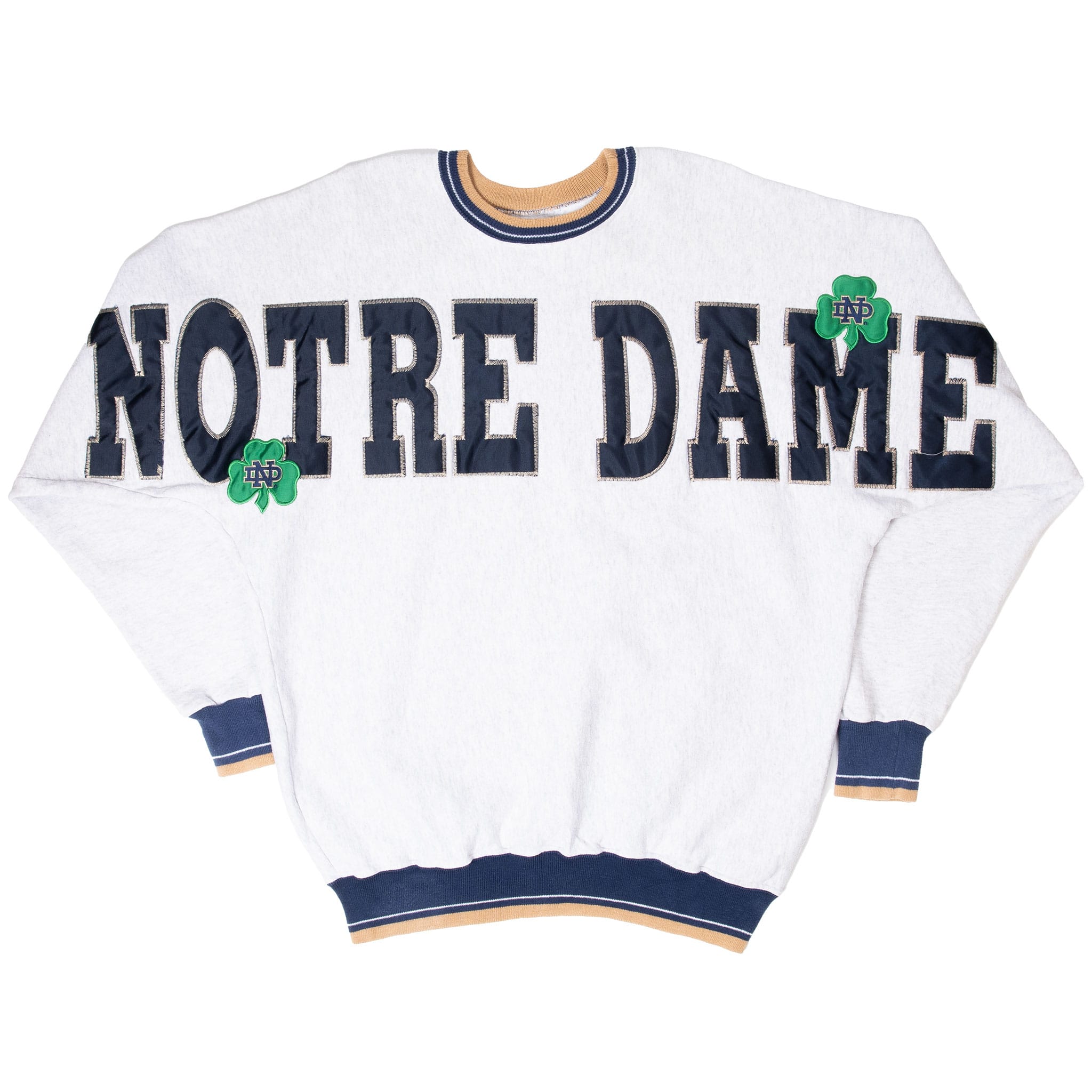 Full front view of light gray Notre Dame crewneck sweatshirt with striped ribbed trim