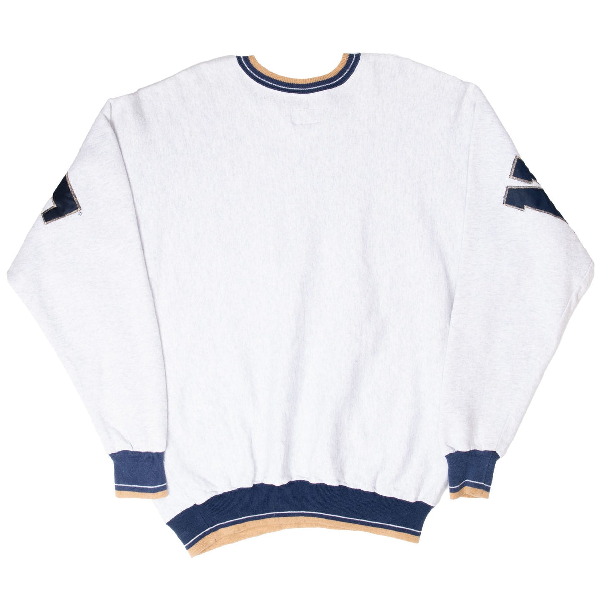 Back of light gray Notre Dame sweatshirt with navy, gold and white ribbed trim