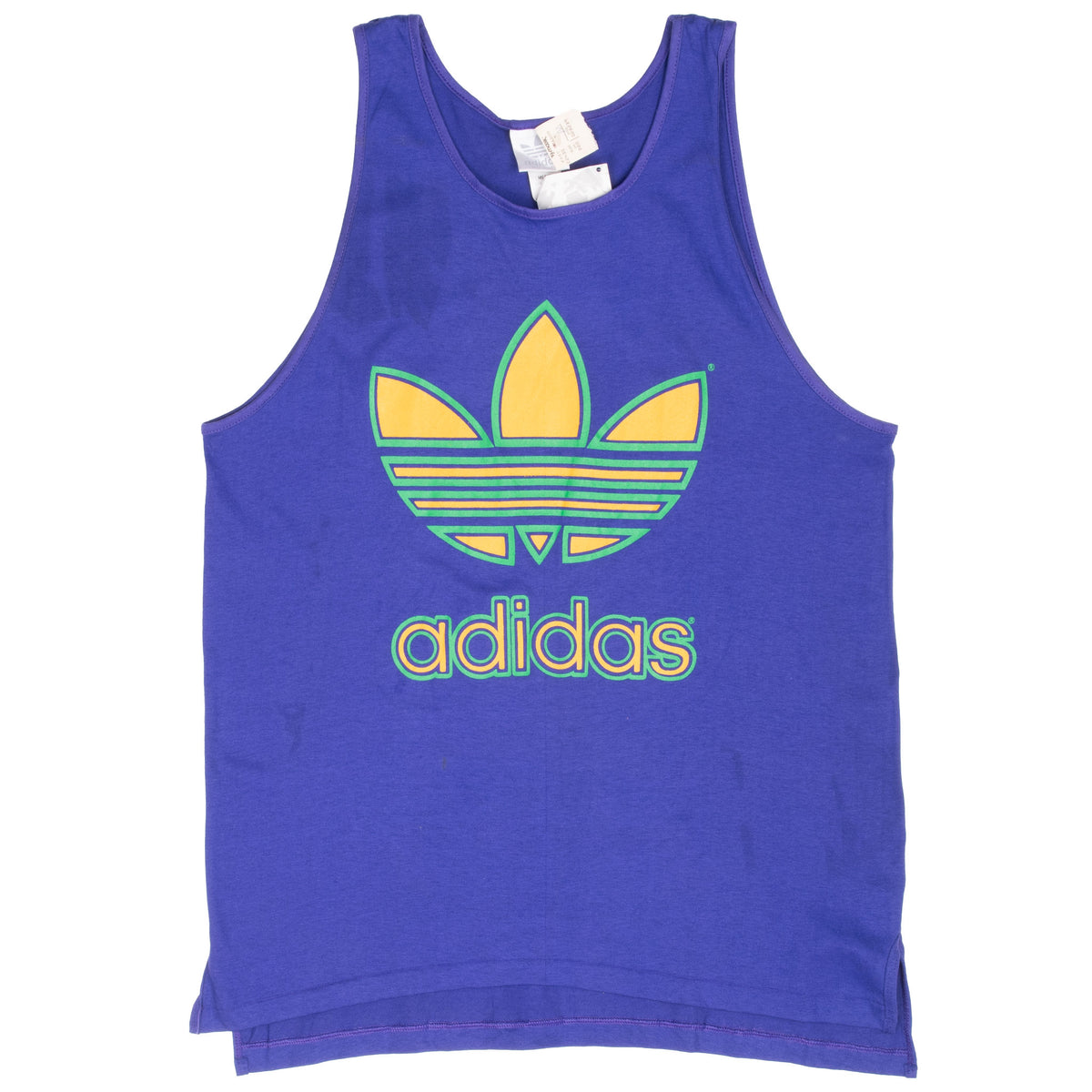 Full front view of purple Adidas tank top with yellow and green Trefoil graphic