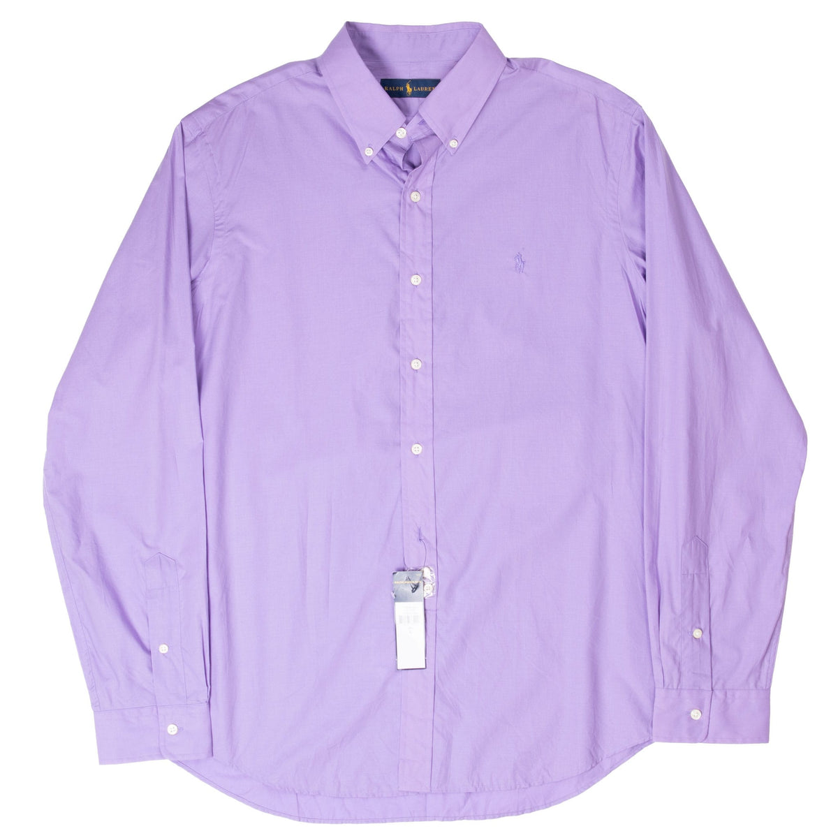 Front view of purple Polo Ralph Lauren button-down shirt with curved hem and attached tag
