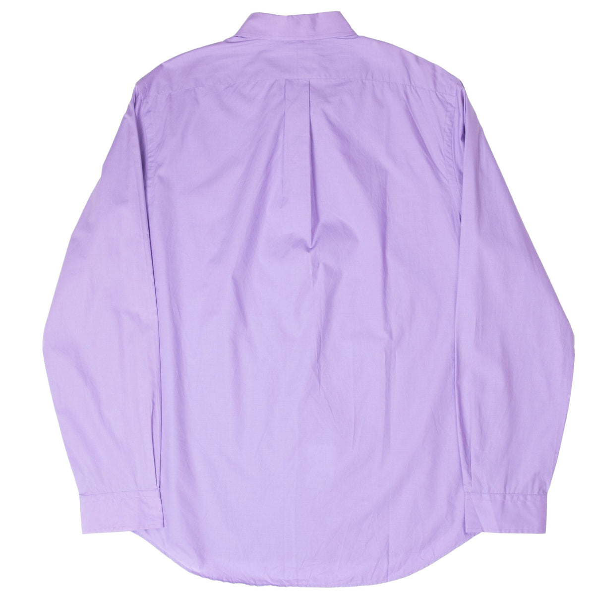 Back of purple Polo Ralph Lauren long-sleeve shirt with center box pleat and curved hem