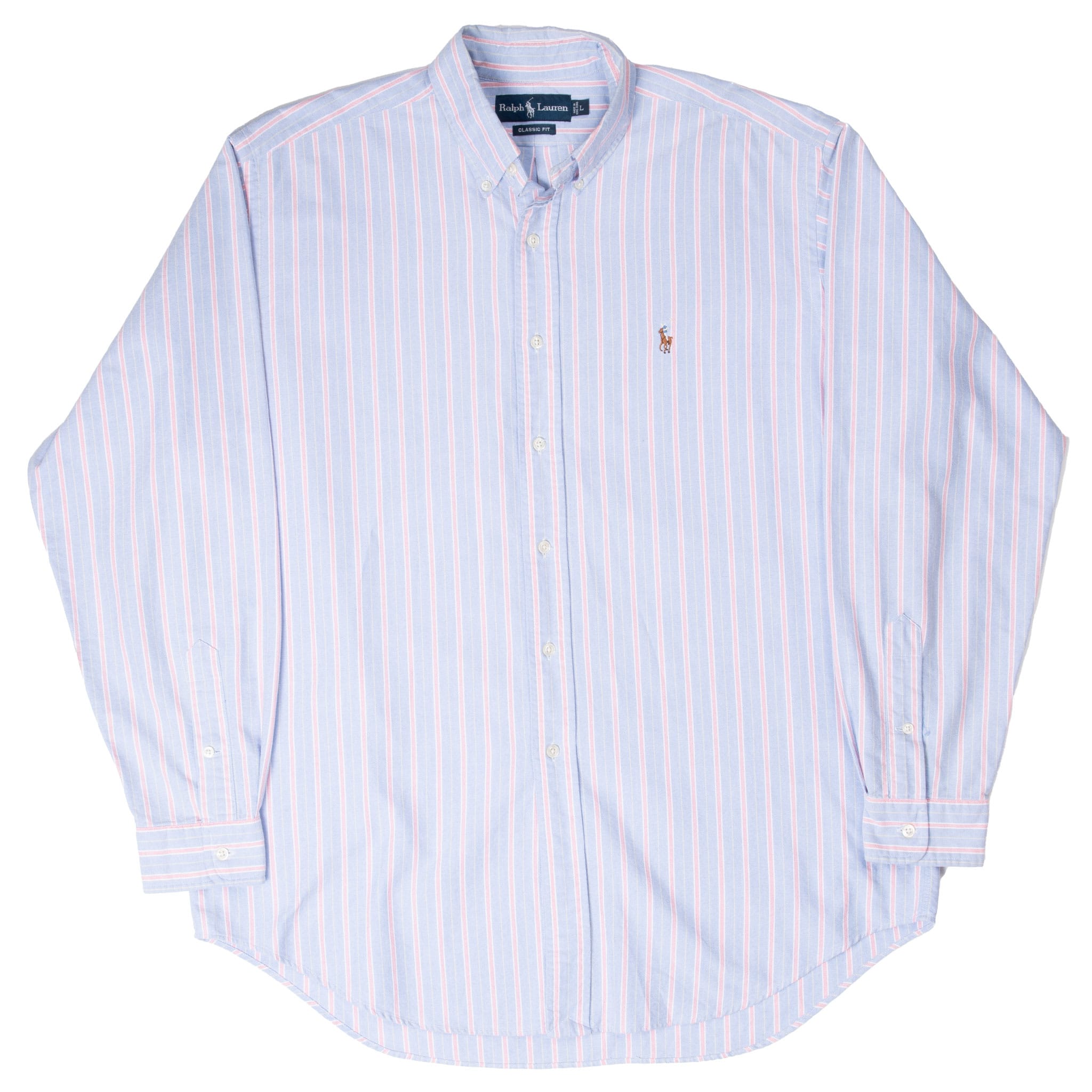 Full front view of Ralph Lauren blue striped button-down shirt with curved hem