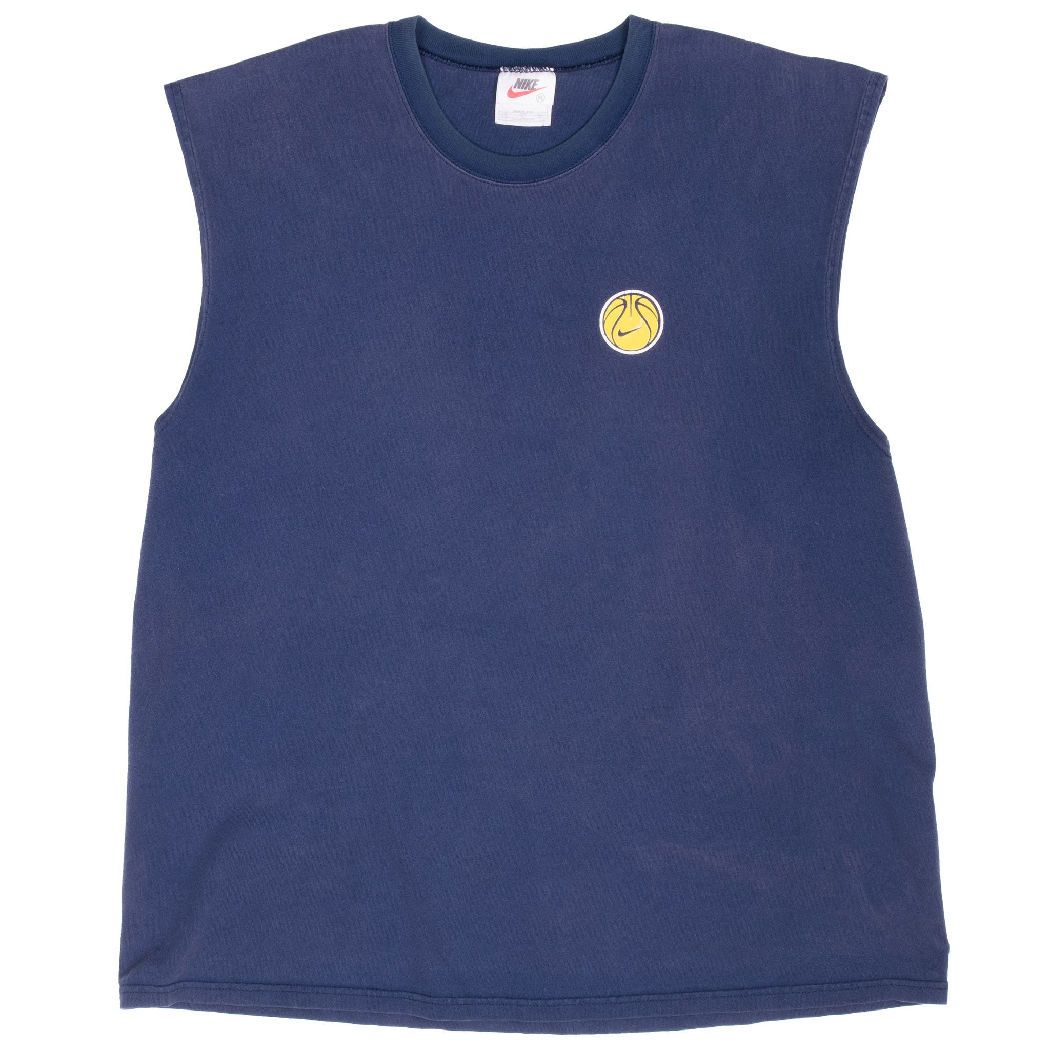 Full front of navy Nike sleeveless shirt with small yellow basketball Swoosh graphic