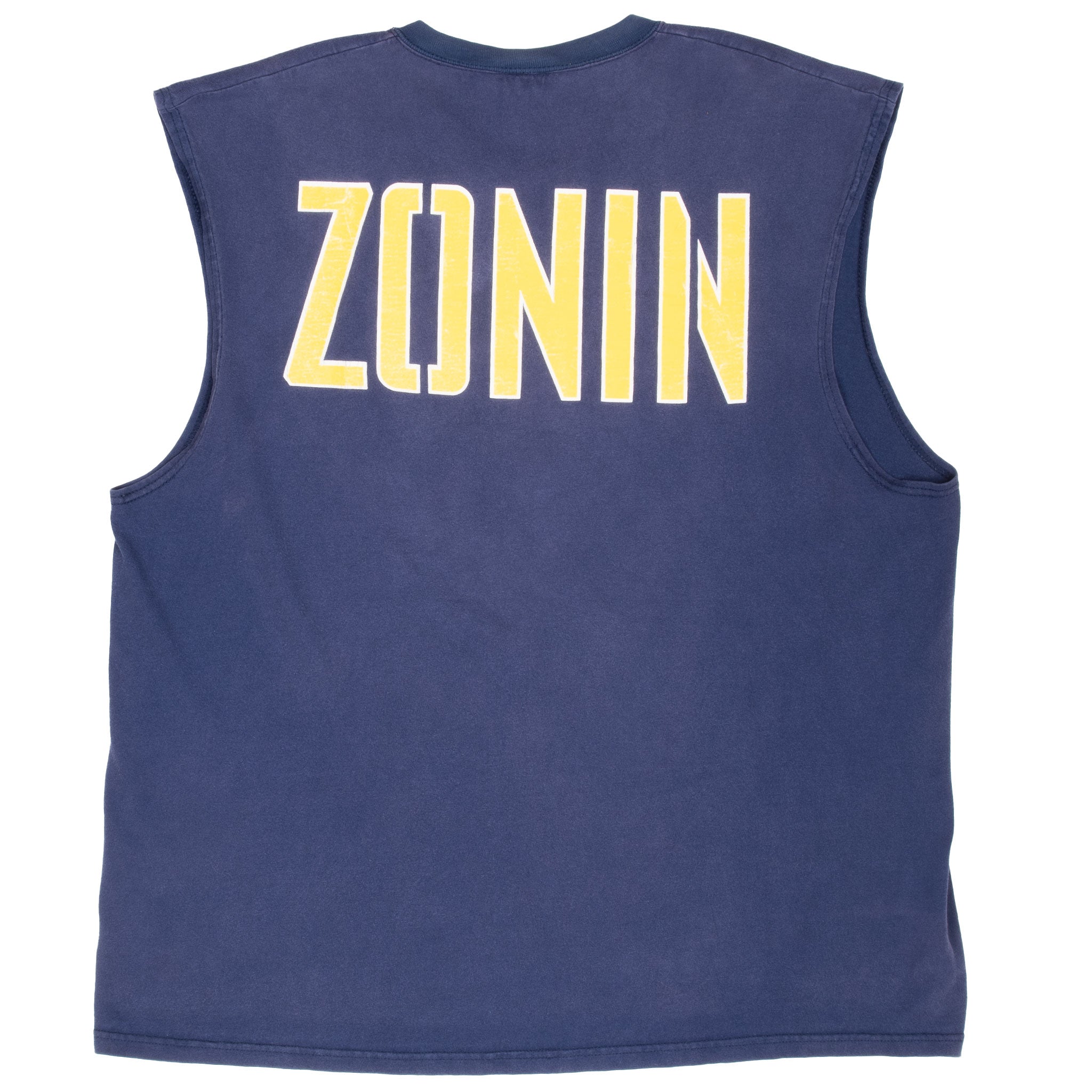 Back of navy Nike sleeveless shirt with large yellow Zonin lettering outlined in white