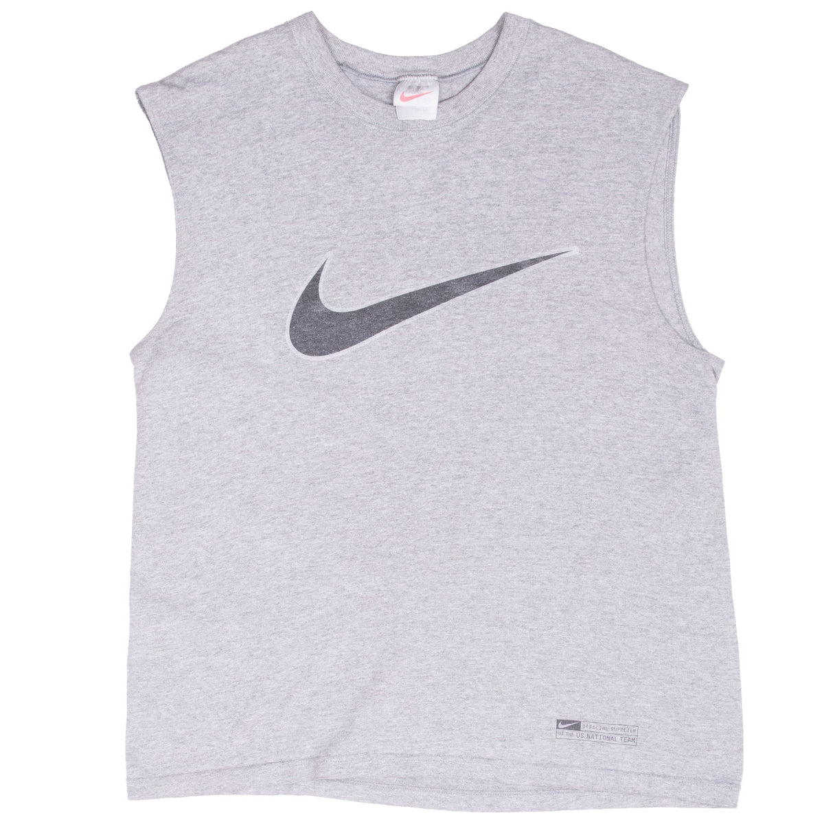 Full front view of grey Nike soccer tank top with large dark Swoosh
