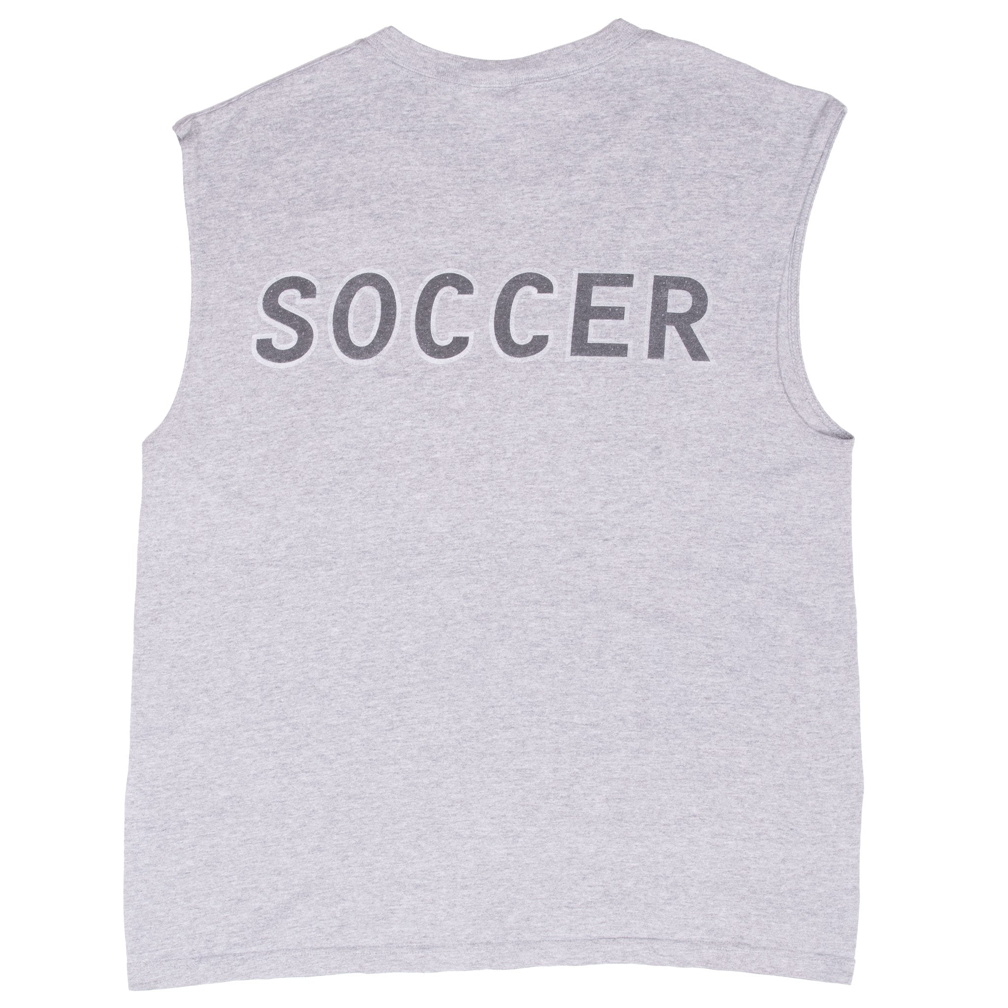 Back of grey Nike tank top with oversized dark SOCCER lettering