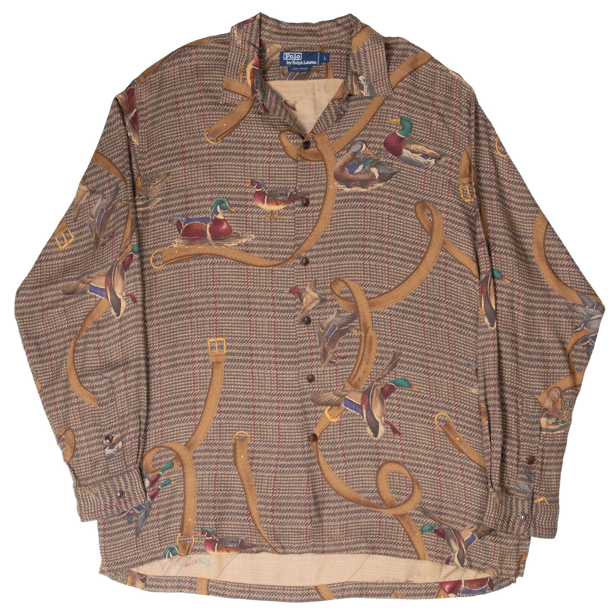 Full front view of Polo Ralph Lauren brown plaid duck hunting shirt