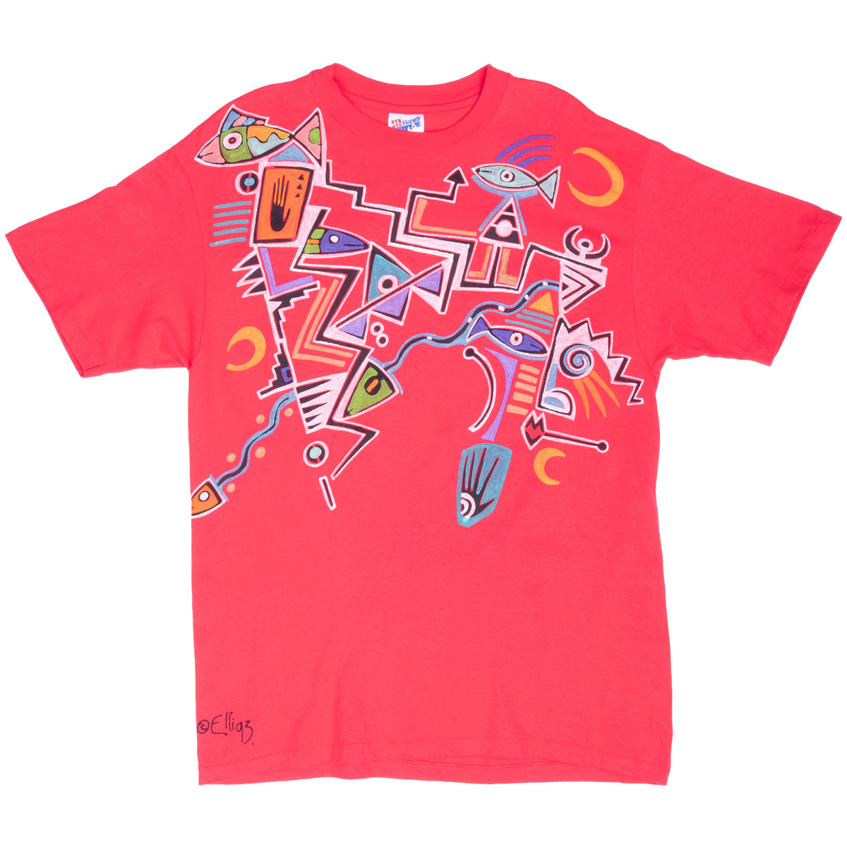 Full front view of red Elli T-shirt with colorful hand-painted petroglyph art