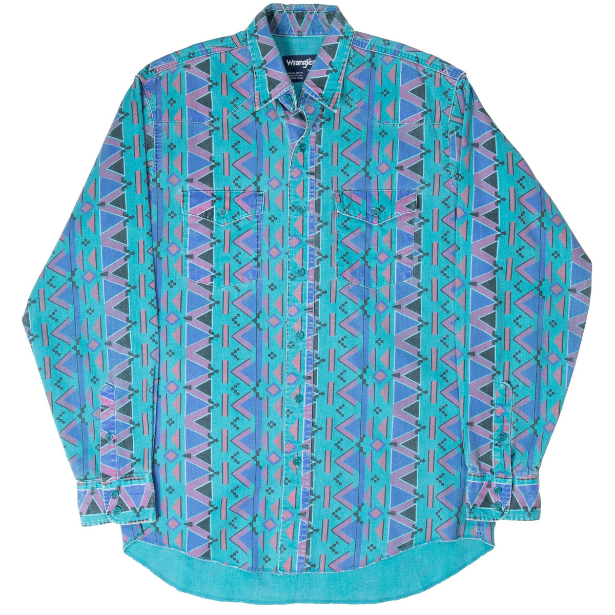 Front of Wrangler geometric-print western shirt showing pointed collar and long shirttail hem