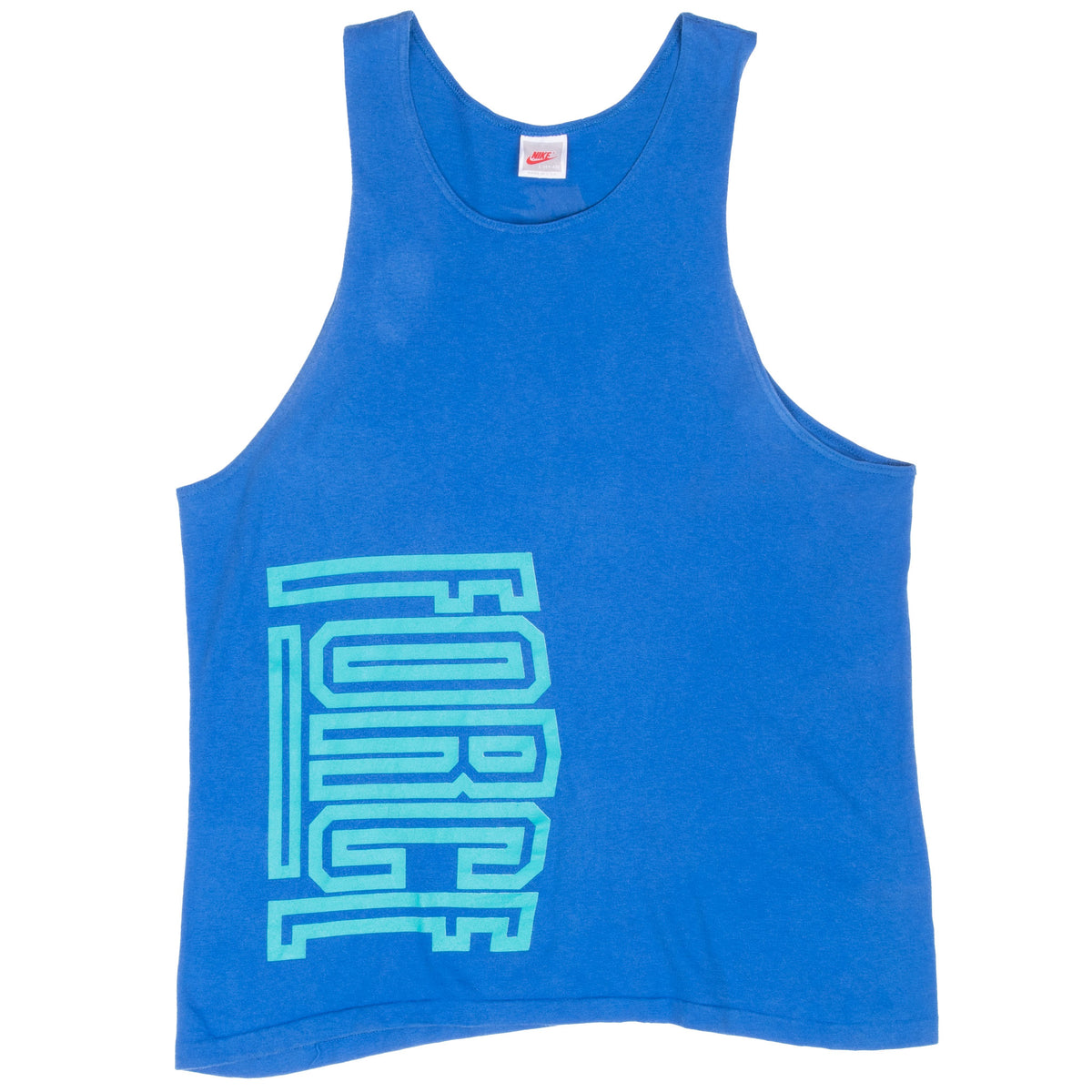 Full front view of blue Nike tank top with turquoise Force graphic