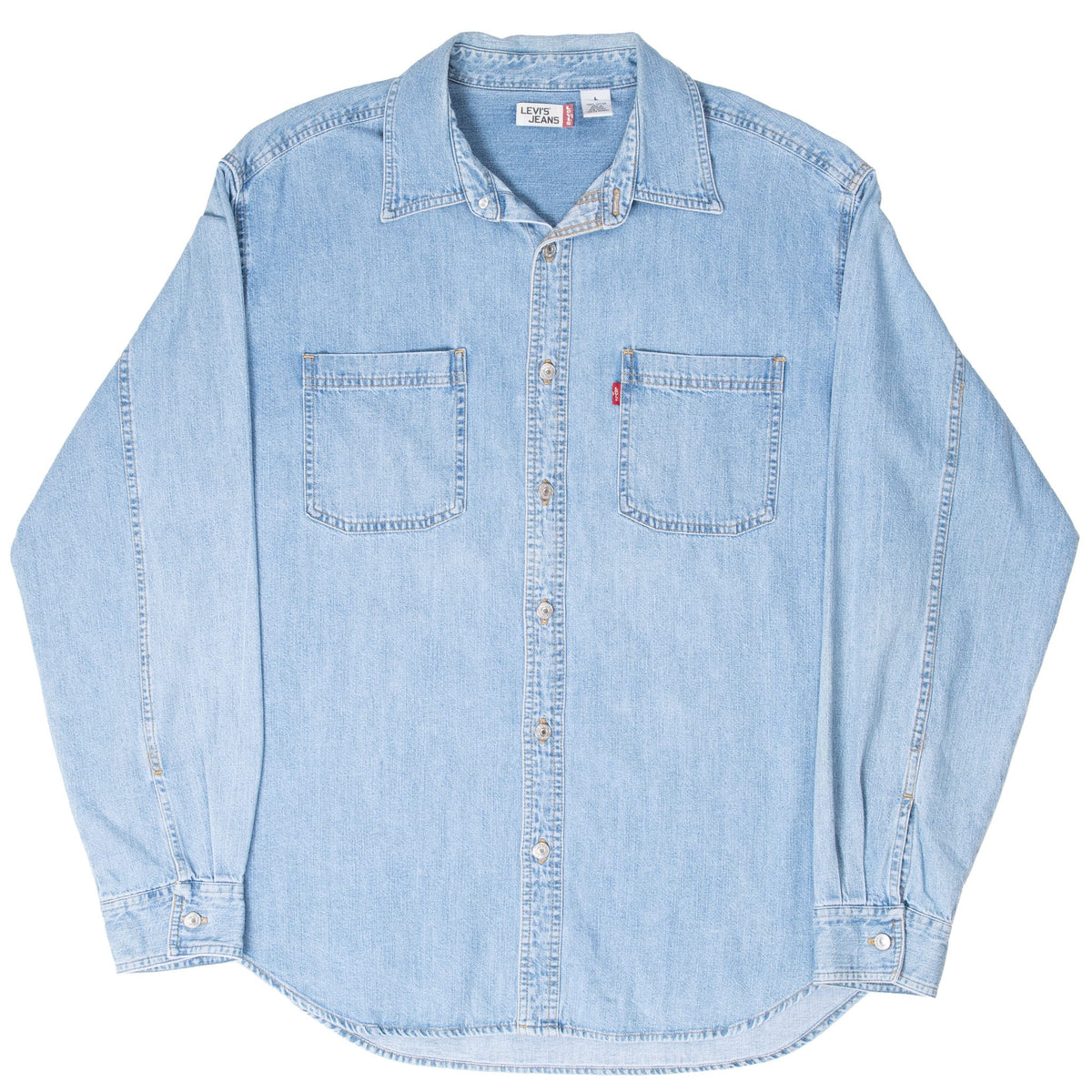 Front view of Levi's blue denim shirt with long sleeves and curved hem