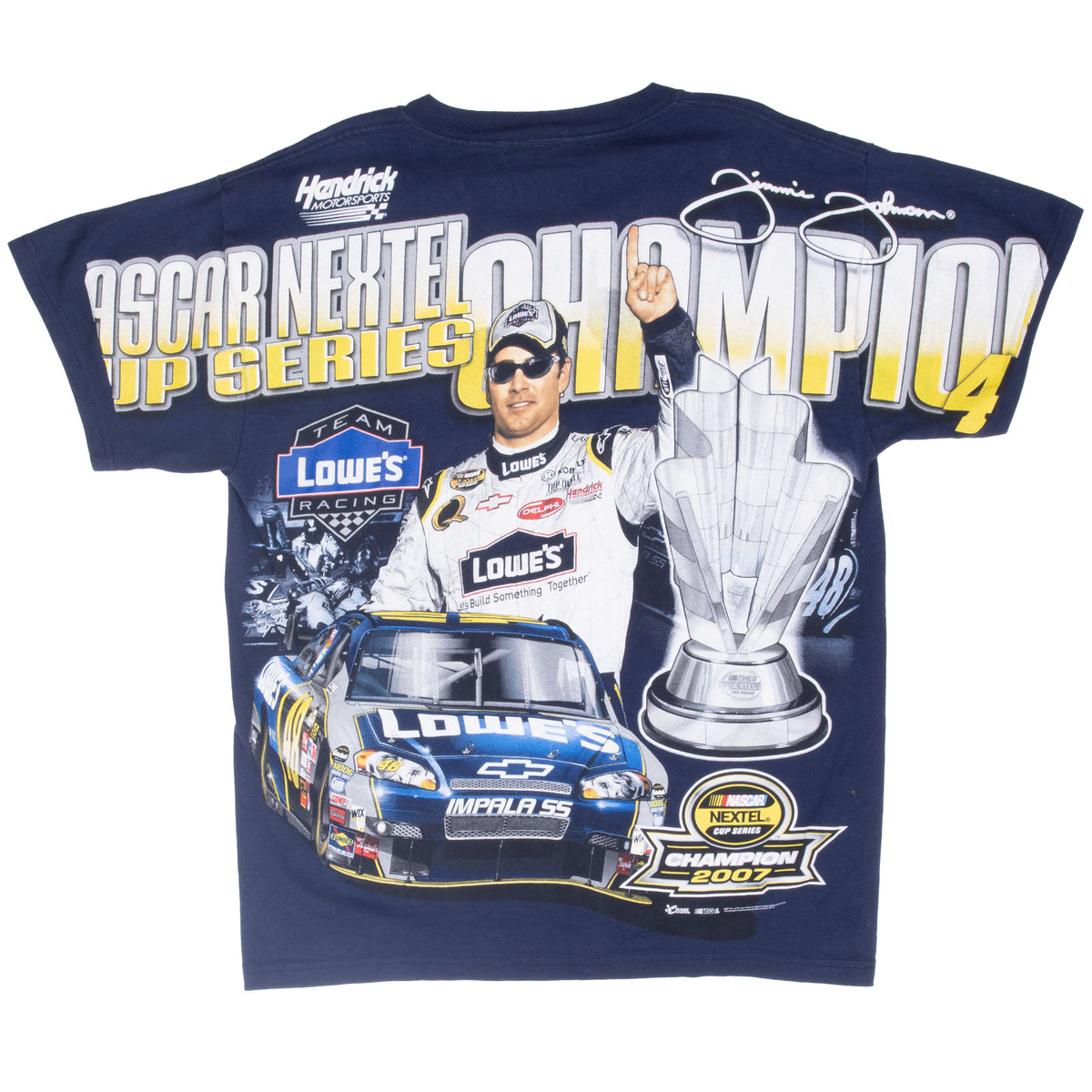 Back of navy Jimmie Johnson NASCAR tee with driver, Lowe's No. 48 car and championship trophy