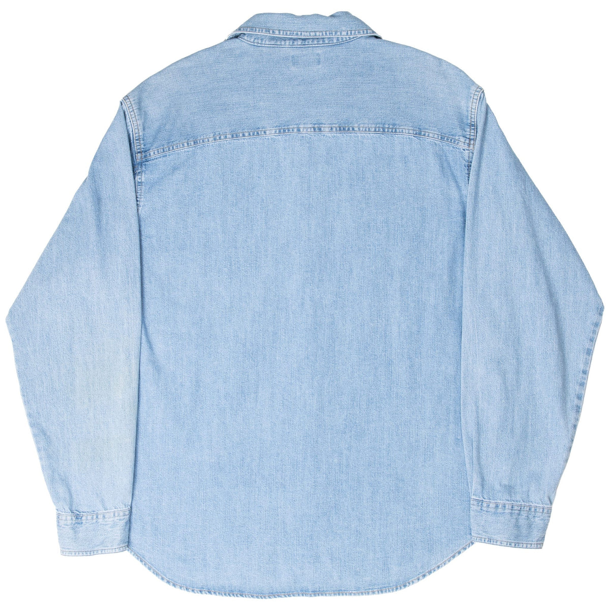 Back of Levi's light blue denim shirt with shoulder yoke and curved hem