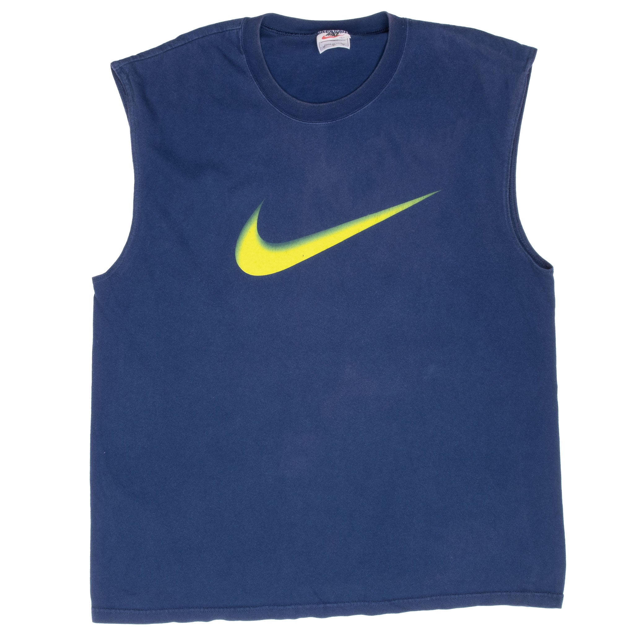 Front of blue Nike tank top with large yellow-to-green Swoosh graphic