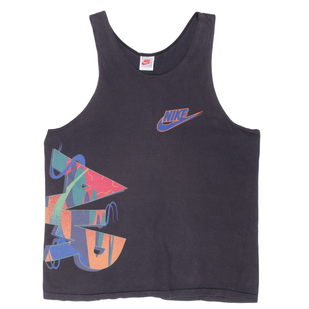 Full front of black Nike Air tank top with chest Swoosh and multicolor geometric graphic