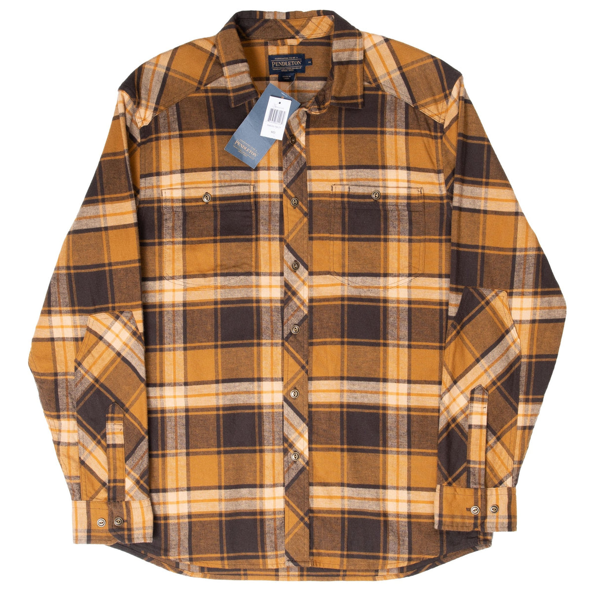 Full front view of Pendleton plaid flannel shirt with button-flap chest pockets and curved hem