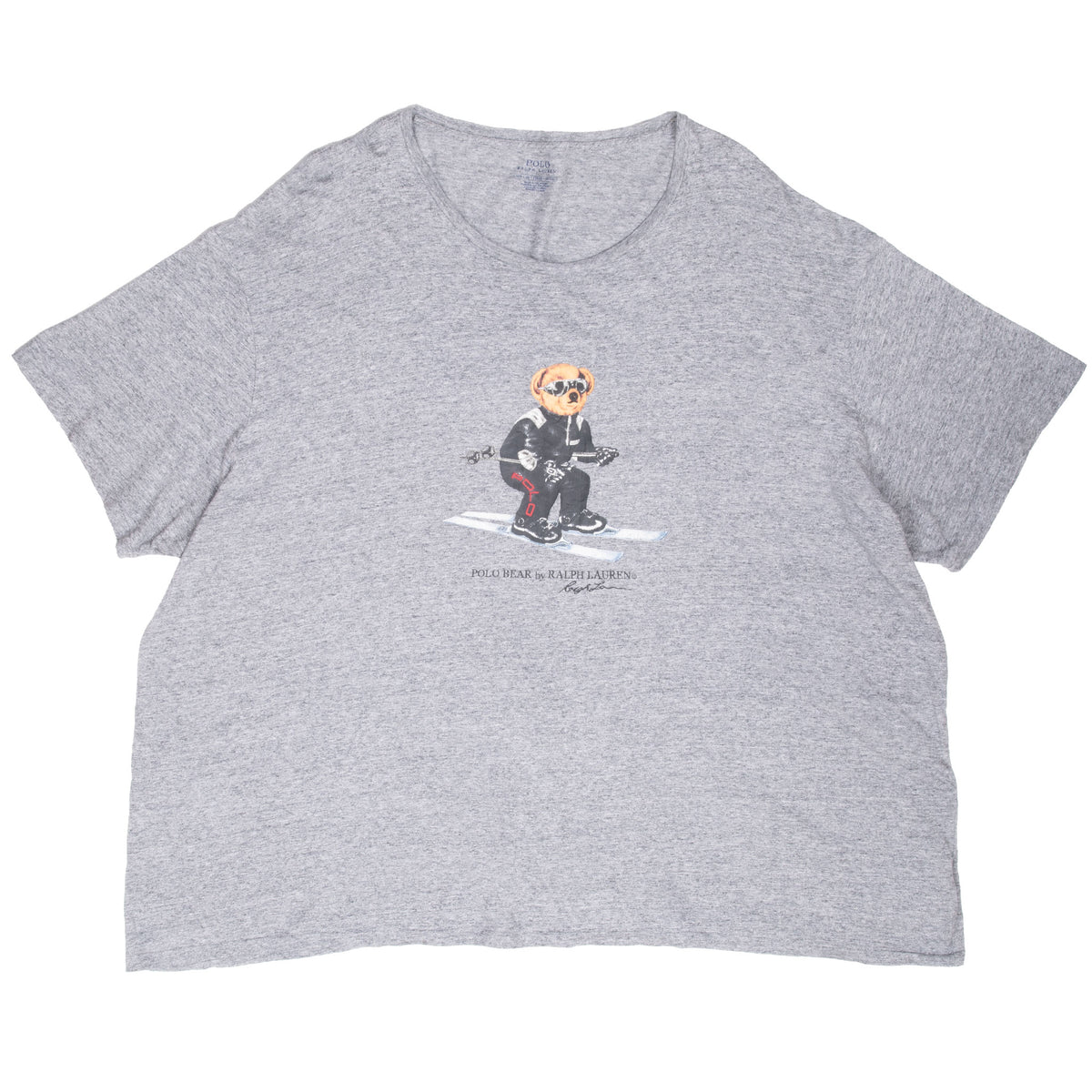 Front of gray Ralph Lauren T-shirt with Polo Bear skiing graphic