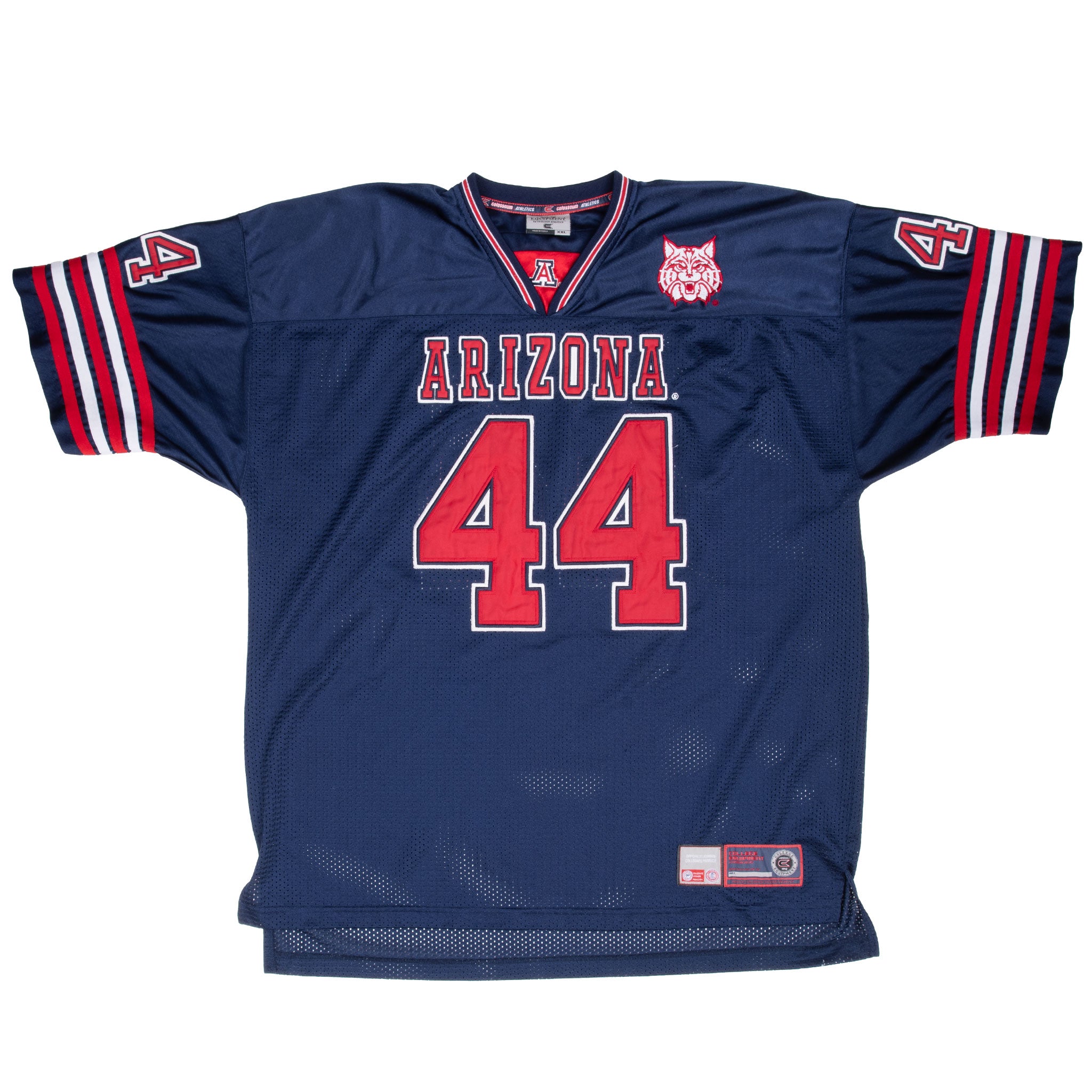 Full front of navy Arizona Wildcats number 44 football jersey with striped sleeves