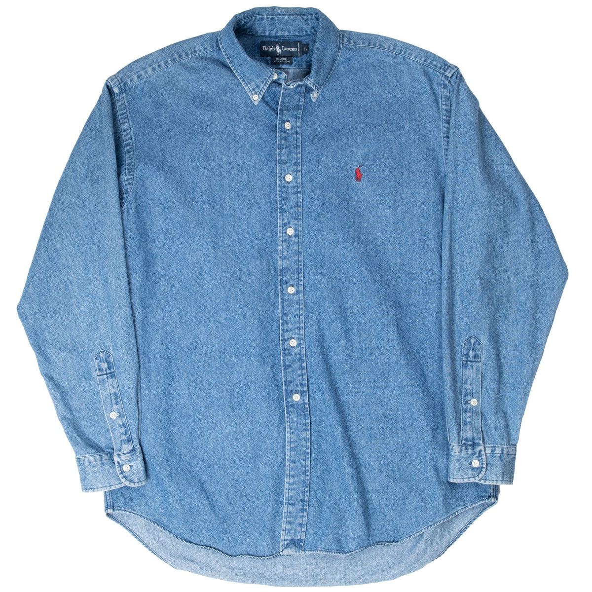 Full front view of Ralph Lauren blue denim shirt with long sleeves and curved hem