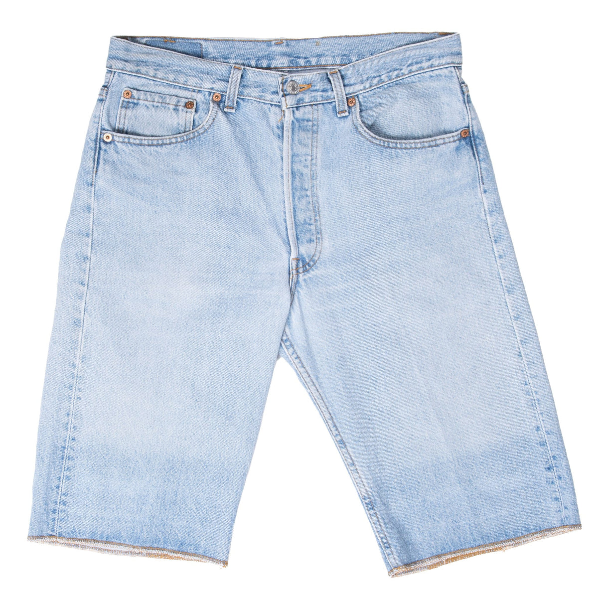 Front of Levi's 501 light indigo denim shorts with five-pocket styling and raw-cut hems