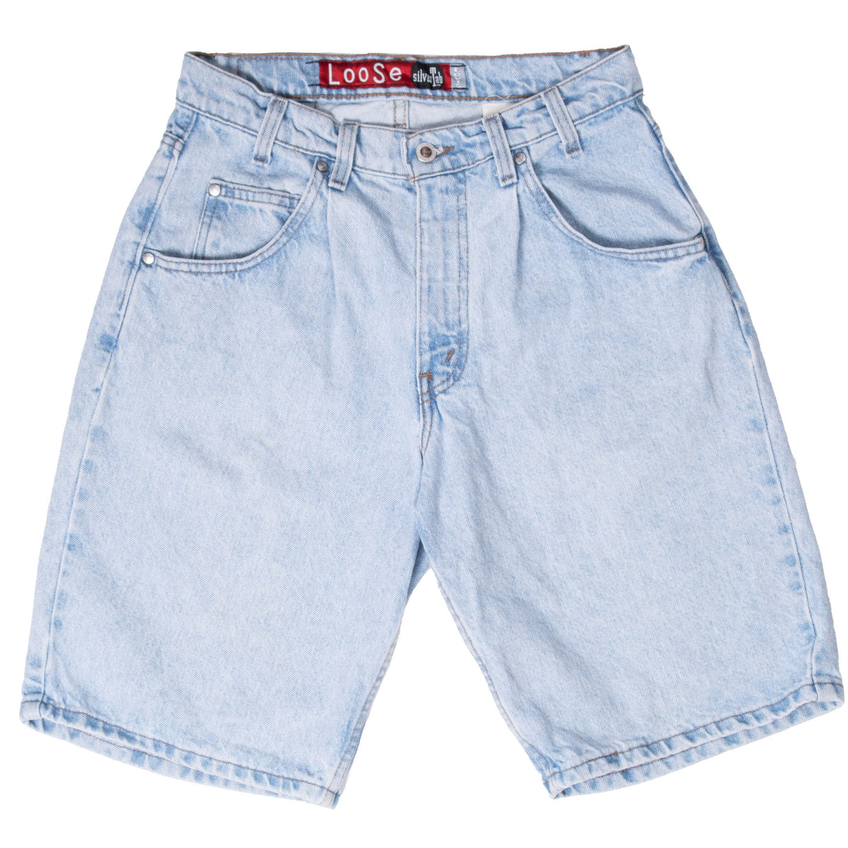 Front of Levi's SilverTab Loose blue denim shorts with five-pocket styling and zip fly