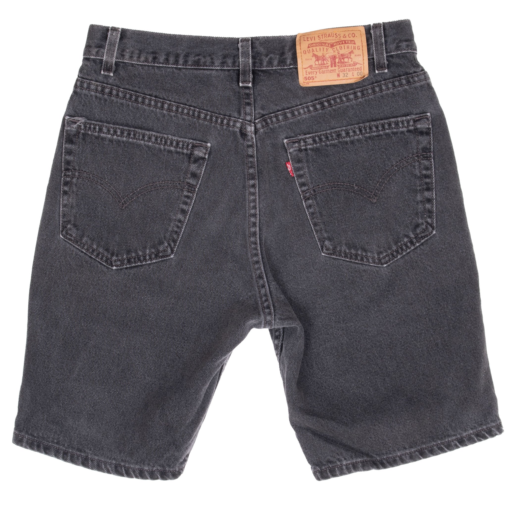 Back of Levi's 505 black denim shorts with patch, red tab, and two pockets