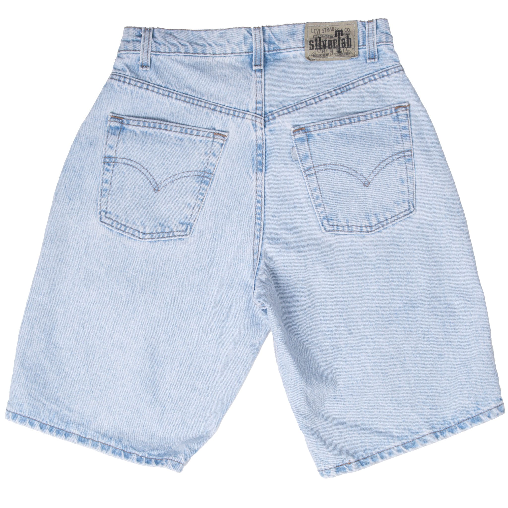 Back of Levi's SilverTab Loose blue denim shorts with two stitched pockets and waistband patch