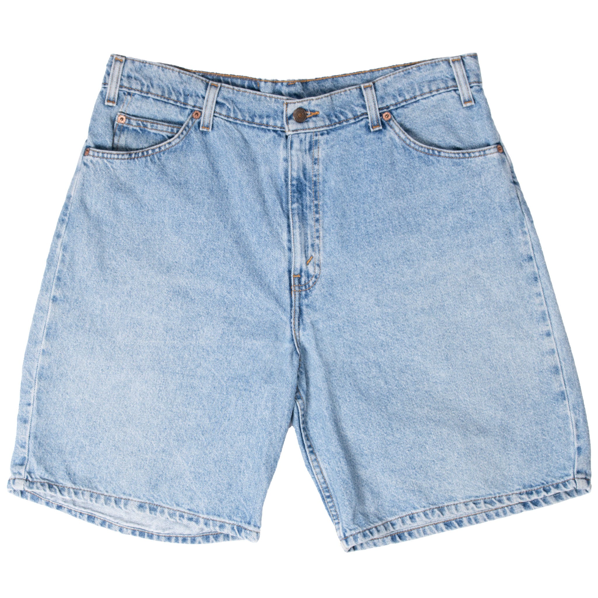 Front of light blue Levi's denim shorts with five-pocket styling and zip fly