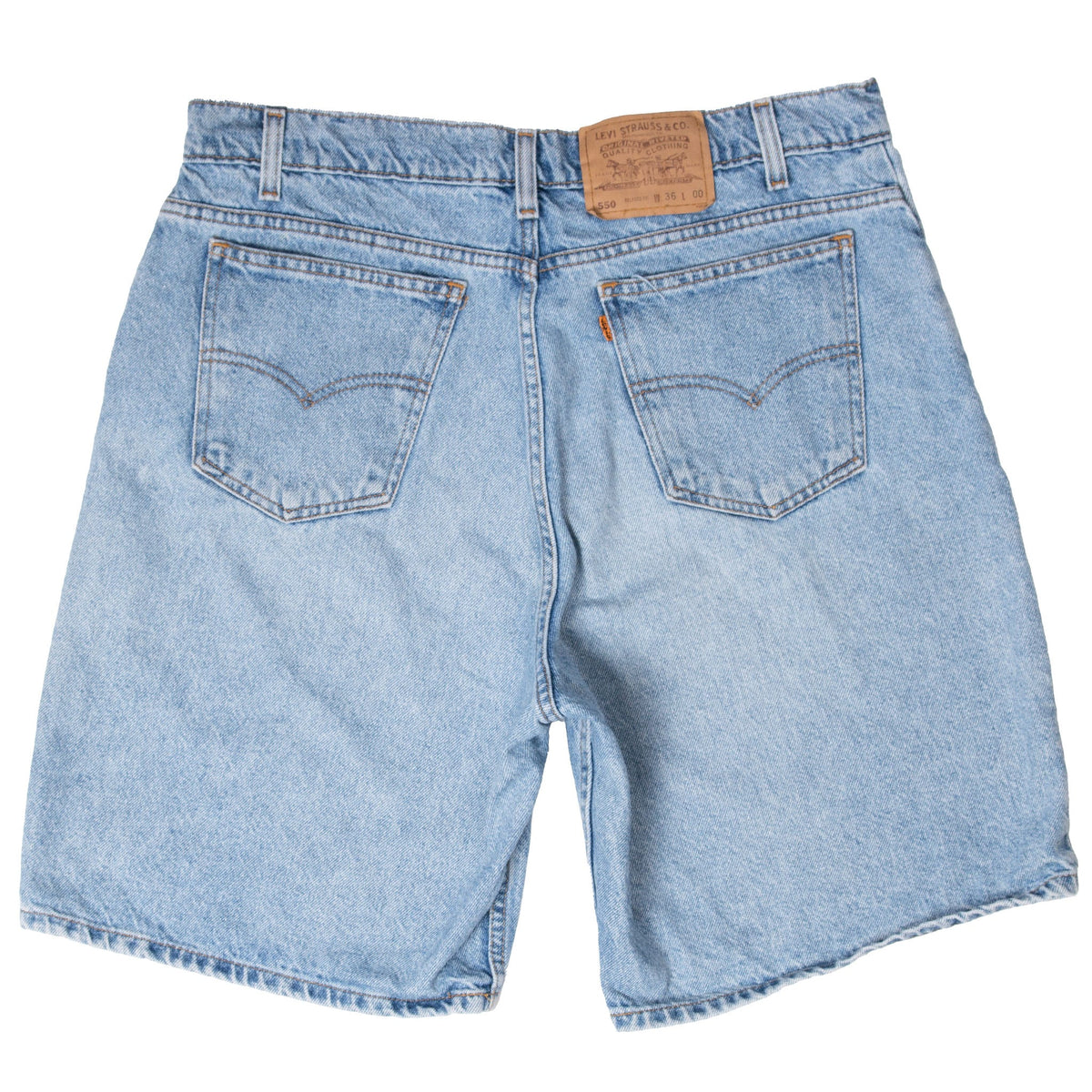 Back of light blue Levi's denim shorts with two patch pockets and waistband patch