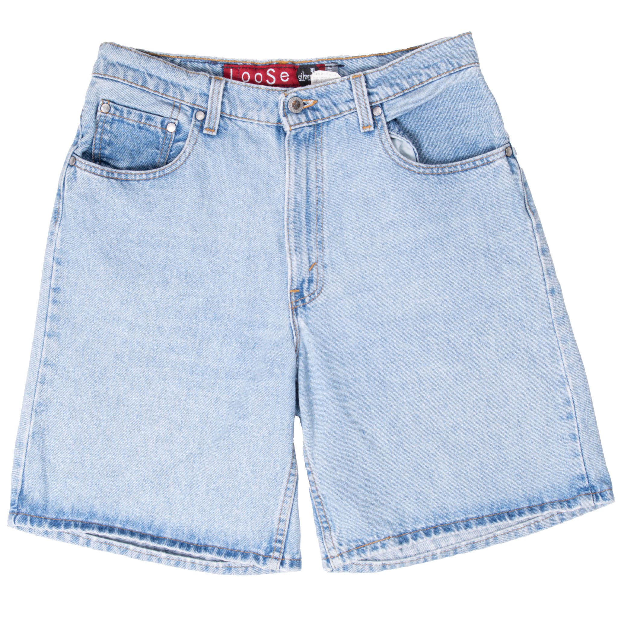 Front of Levi's 664 Loose SilverTab denim shorts in a light indigo wash