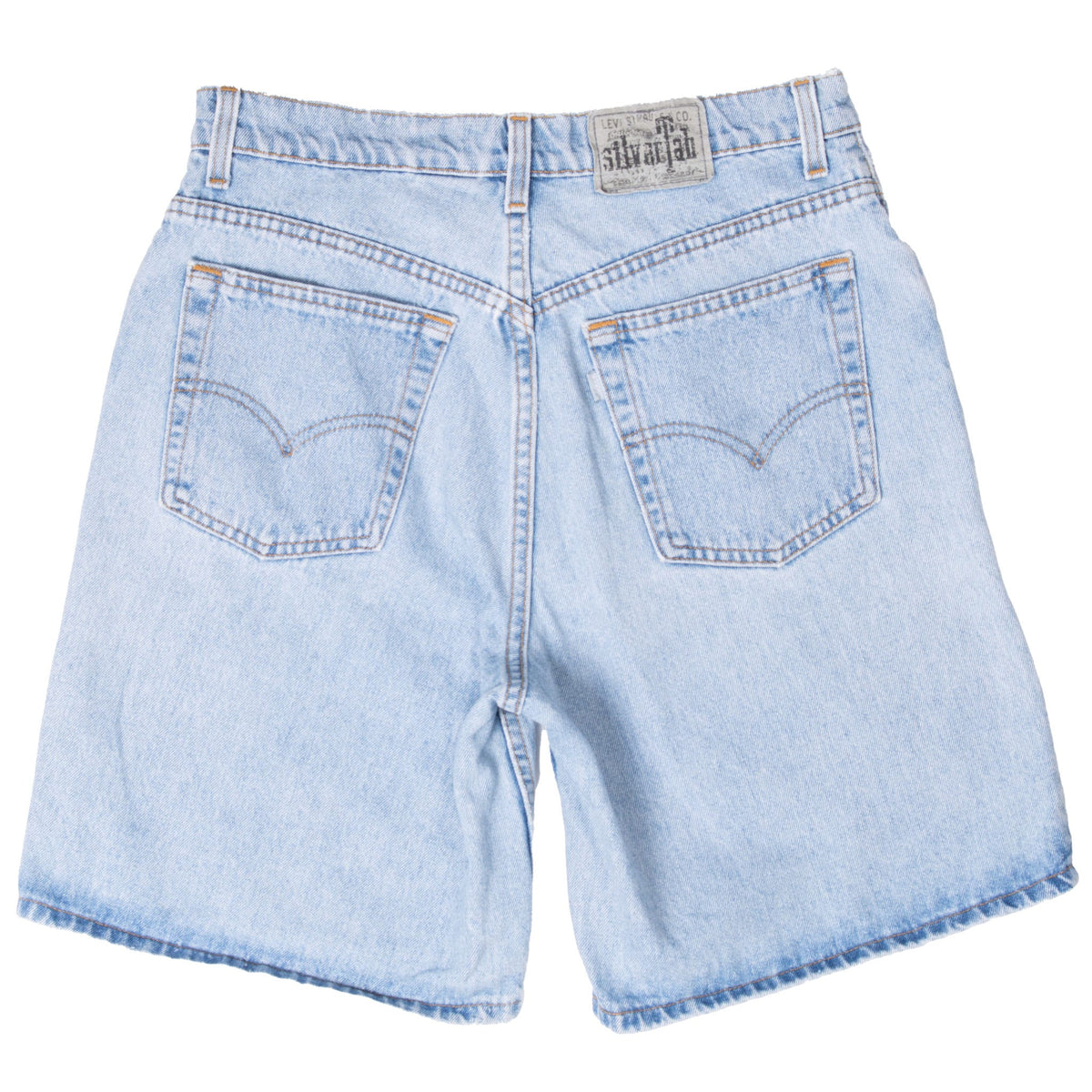 Back of Levi's 664 Loose SilverTab denim shorts with two arcuate-stitched pockets