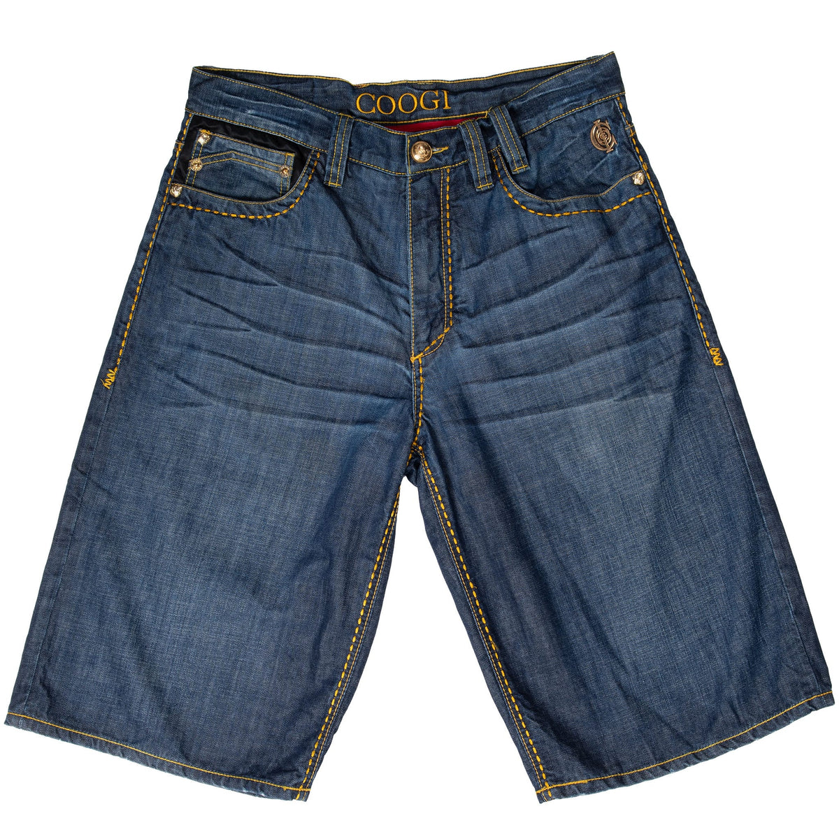 Front of Coogi dark wash baggy denim shorts with gold stitching and whiskering