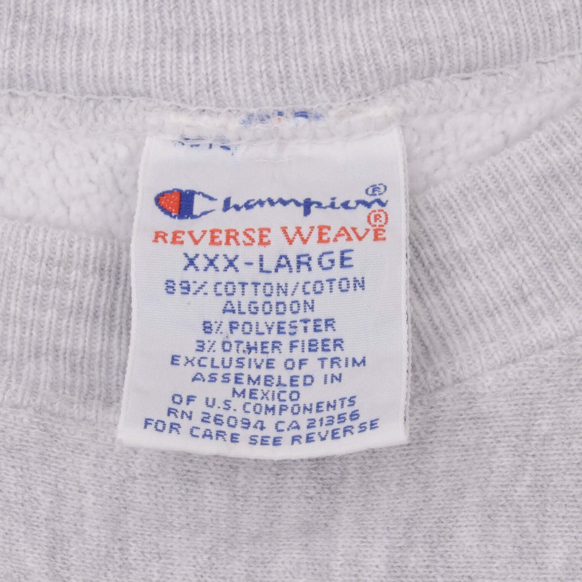Champion Reverse Weave neck tag marked XXX-Large and assembled in Mexico
