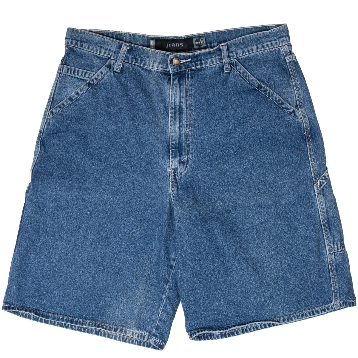 Front of Levi's SilverTab carpenter denim shorts in medium indigo blue