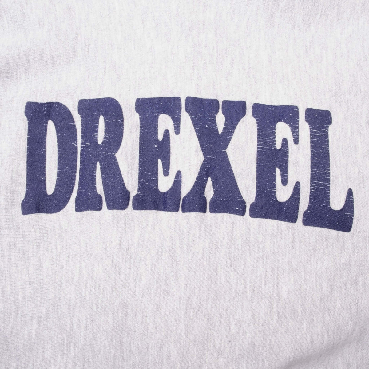 Close-up of navy DREXEL chest print on grey sweatshirt
