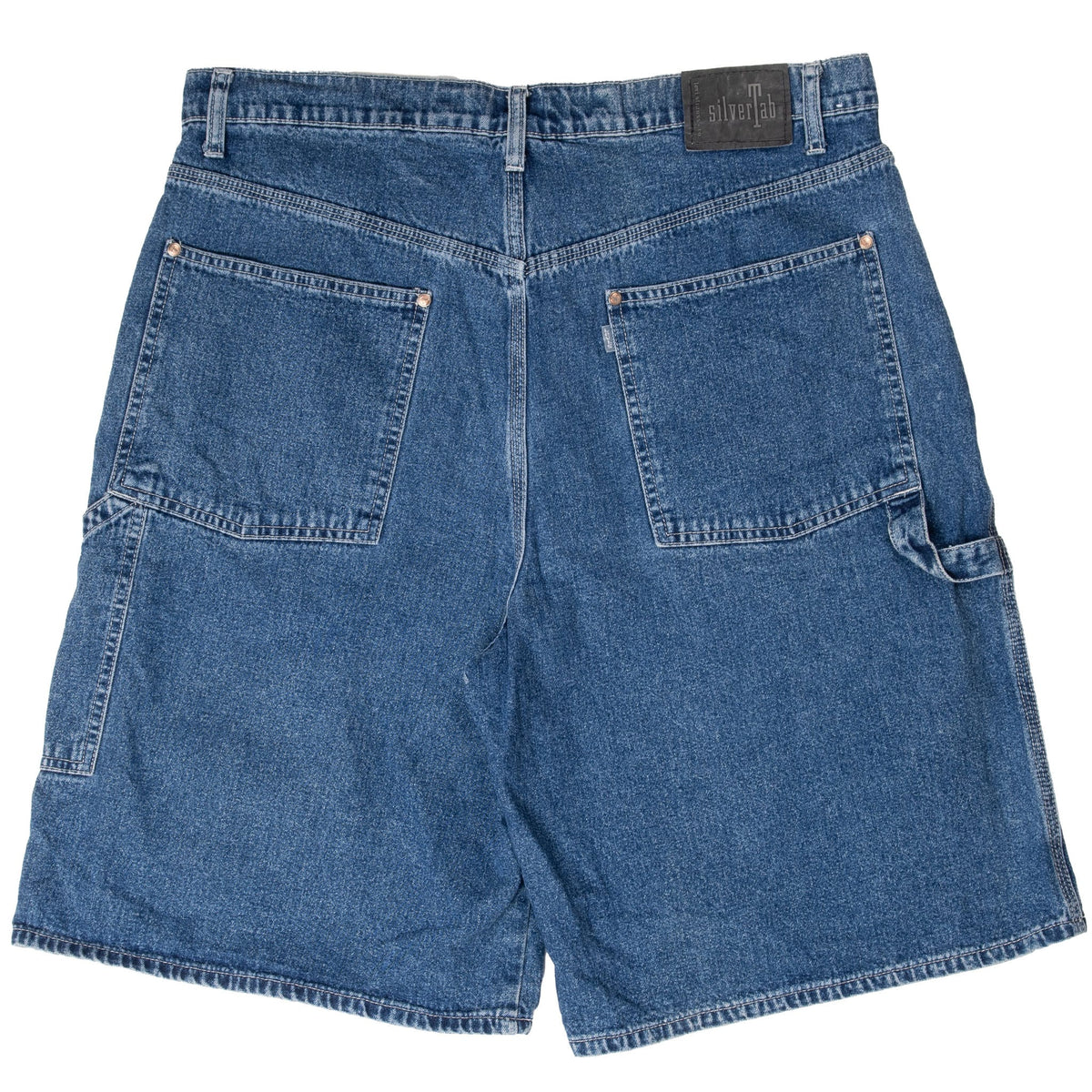 Back of Levi's SilverTab indigo denim shorts with riveted patch pockets and utility details