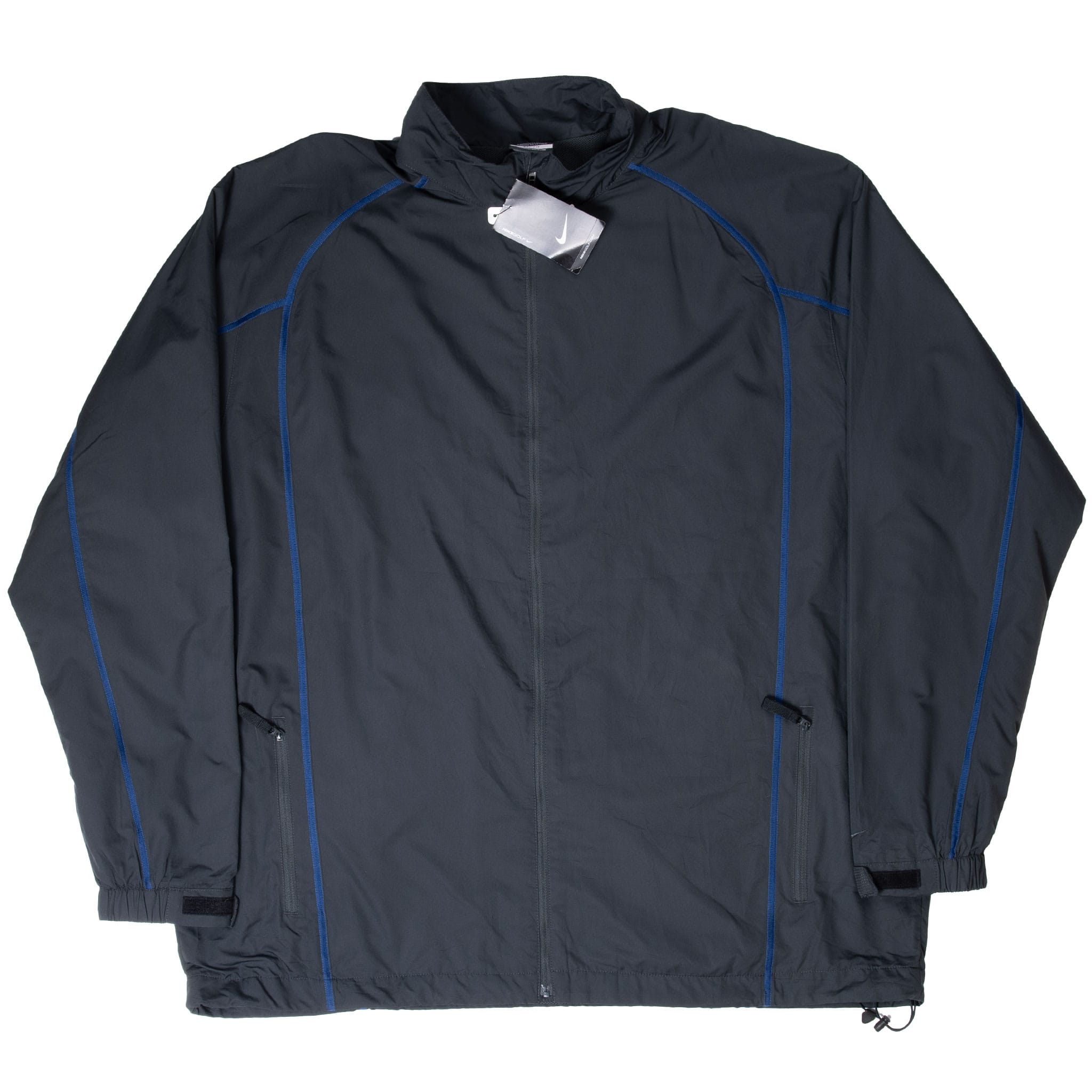 Full front view of black Nike Golf windbreaker with blue piping and drawcord hem
