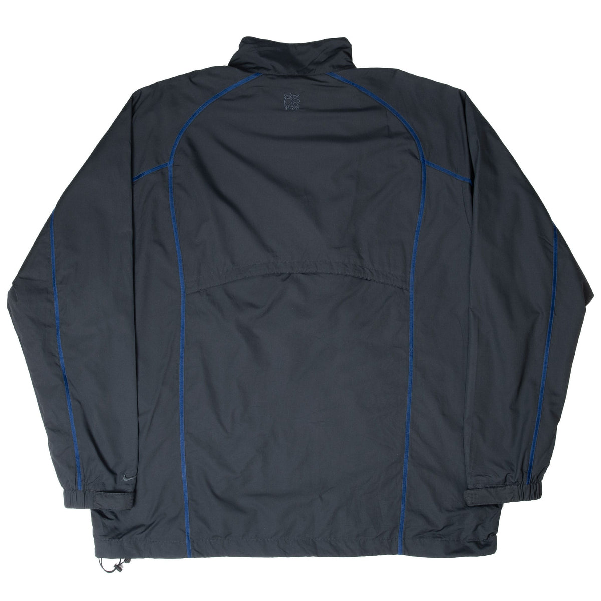 Back of black Nike Golf windbreaker with blue piping and embroidered bull below collar
