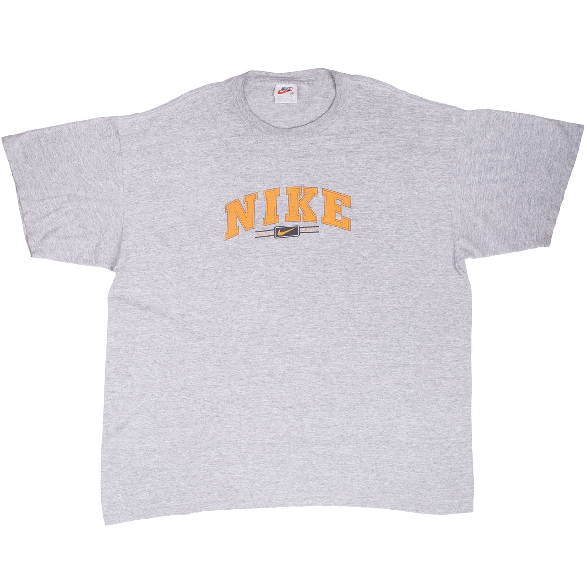 Full front view of grey Nike short-sleeve T-shirt with orange chest graphic