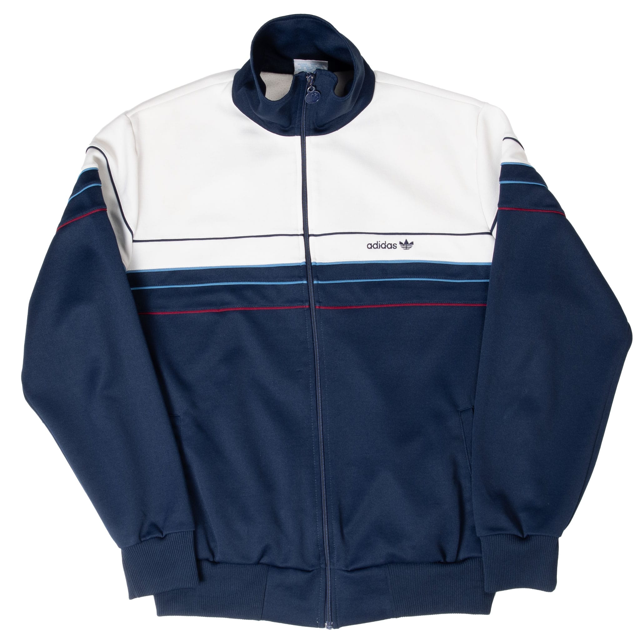 Front view of Adidas navy and white tracksuit jacket with stand collar and ribbed trim