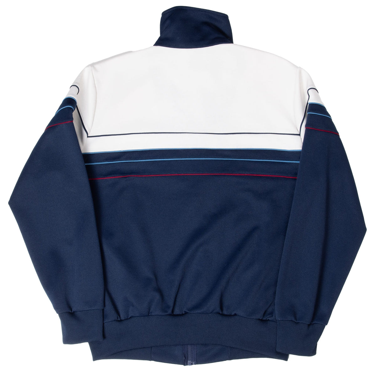 Back of Adidas navy and white tracksuit jacket with light blue and red horizontal piping