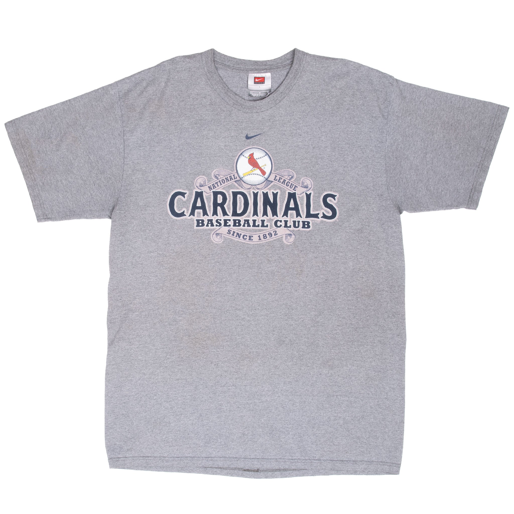 Full front view of grey Nike St. Louis Cardinals short-sleeve T-shirt