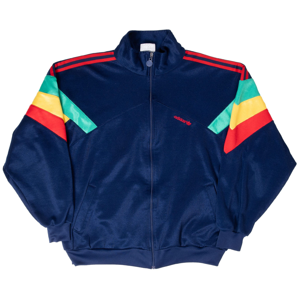 Front of navy adidas Jamaica track jacket with red, yellow and green color-blocked sleeves